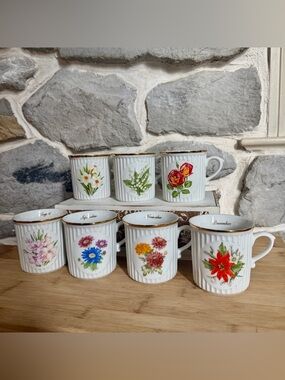 Vintage Bohemia porcelain Czech flower of the month mugs, set of 7